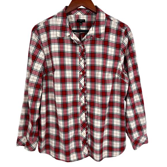Talbots Sz XLP XL Petite Silver Sparkly Red Plaid Flannel Christmas Shirt Top - Picture 1 of 7